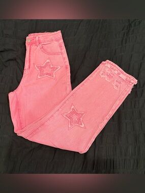 SHEIN Pink Straight Leg Jeans with Star Embroidery